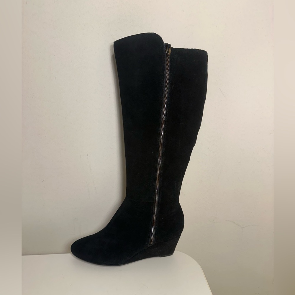 Anne Klein Black Suede Mid-Calf Wedge Boots [Wide Calf]